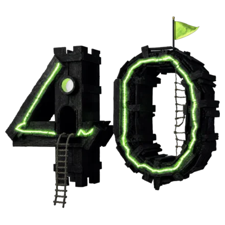 The number 40 built from a hangout fort with string lights