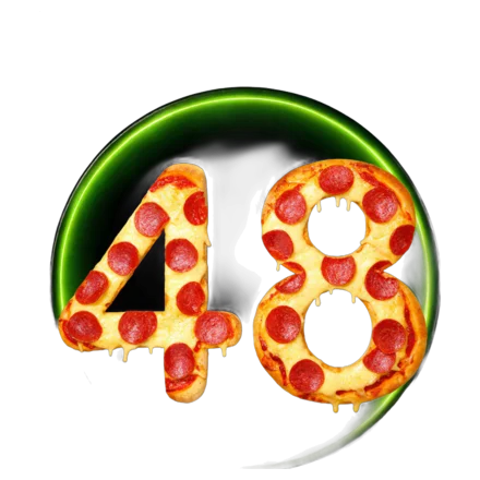 The number 48 built from a pizza on a plate