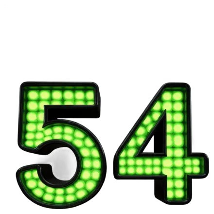 The number 54 built from a glowing dance floor