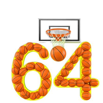The number 64 built from basketballs and a hoop
