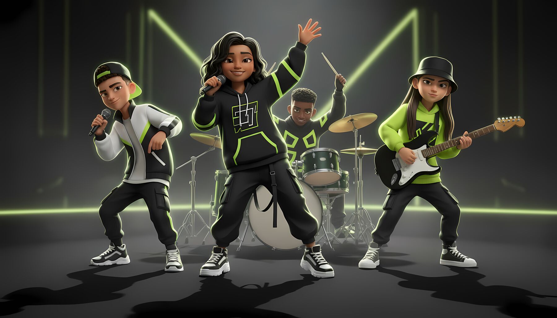 The four members of Snap Street Band on a dark stage: a lead singer with a microphone, a singer in a cap, a drummer and a guitarist, all in black and neon green